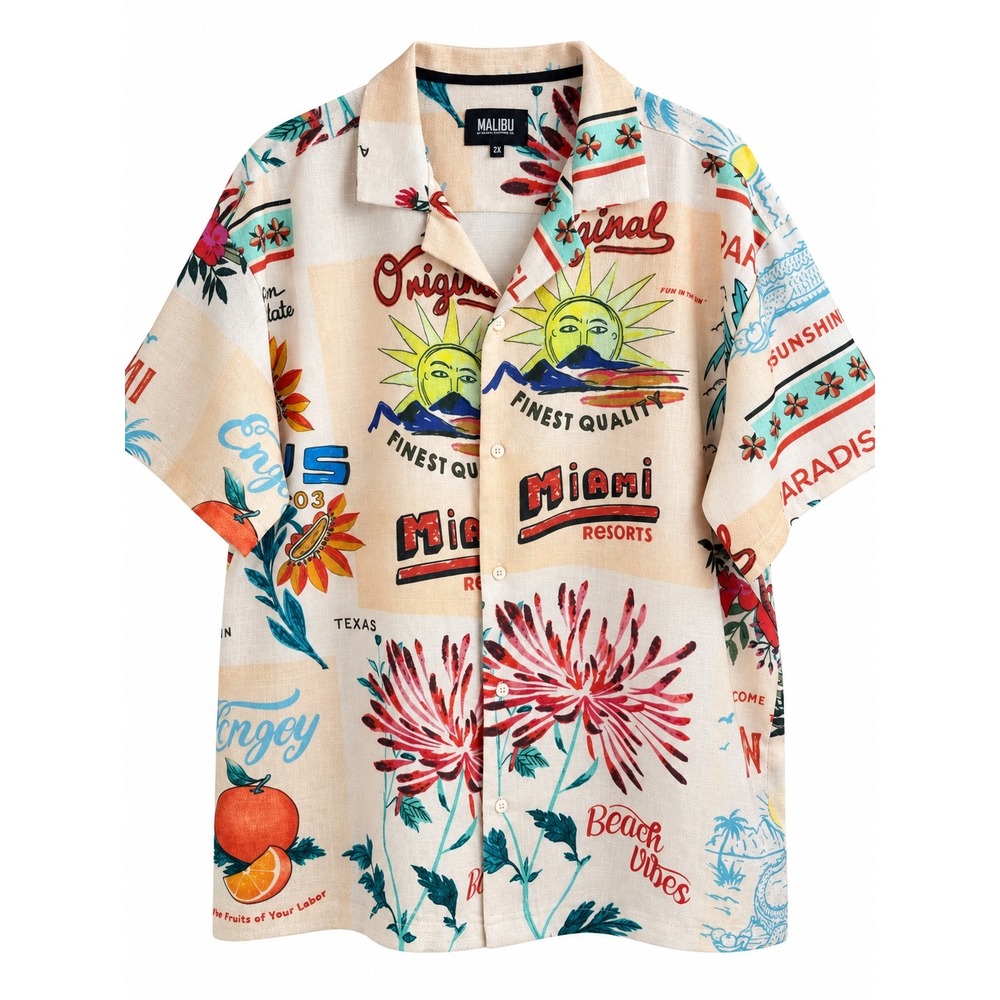 Malibu by Devil Clothing Co 2X Hawaiian Shirt Miami Beach Tropical Graphic